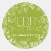 Modern Frohe Weihnachten Grün Bokeh Personalisiert Runder Aufkleber (Vorderseite)
