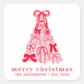 Modern Frohe Weihnachten Pink Bow Tree Quadratischer Aufkleber (Vorderseite)