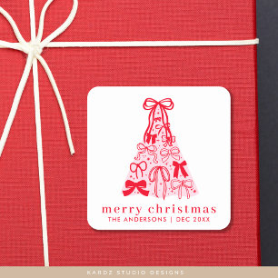 Modern Frohe Weihnachten Pink Bow Tree Quadratischer Aufkleber