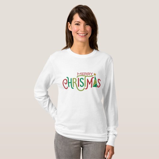 Modern Frohe Weihnachtsbaum Rot Grün T-Shirt (Vorne ganz)
