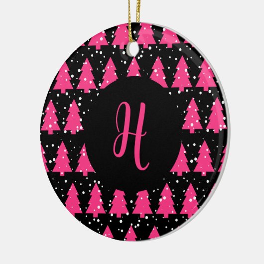 Modern Fuchsia & Black Christmas Tree Monogram Ce Keramik Ornament (Links)