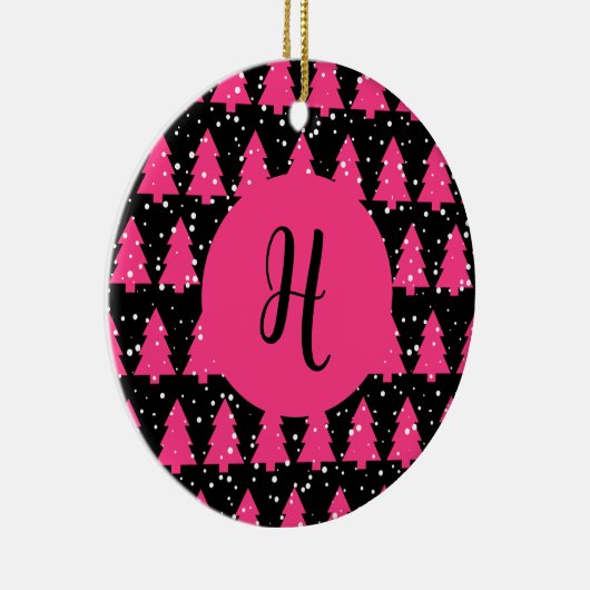 Modern Fuchsia & Black Christmas Tree Monogram Ce Keramik Ornament (Rechts)