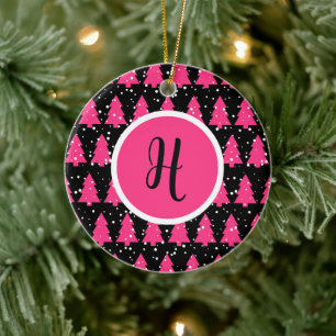 Modern Fuchsia & Black Christmas Tree Monogram Ce Keramik Ornament