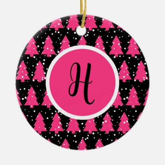 Modern Fuchsia & Black Christmas Tree Monogram Ce Keramik Ornament (Vorne)