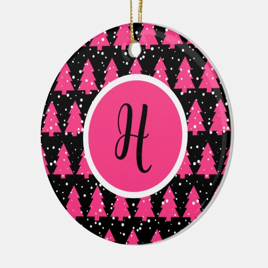 Modern Fuchsia & Black Christmas Tree Monogram Ce Keramik Ornament (Links)