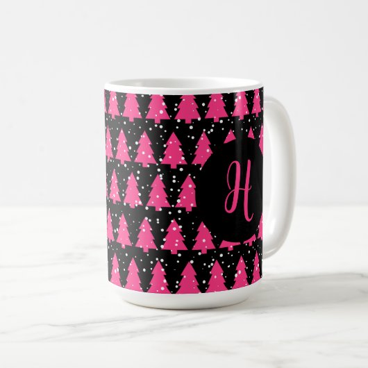 Modern Fuchsia & Black Christmas Tree Monogram Cof Kaffeetasse (VorderseiteRechts)