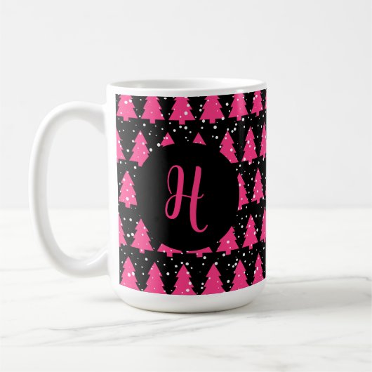 Modern Fuchsia & Black Christmas Tree Monogram Cof Kaffeetasse (Links)