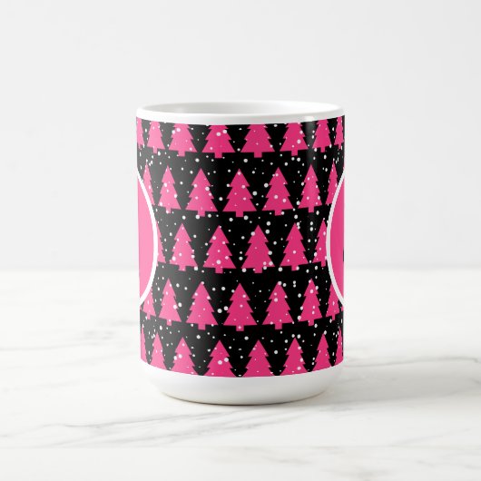 Modern Fuchsia & Black Christmas Tree Monogram Cof Kaffeetasse (Mittel)