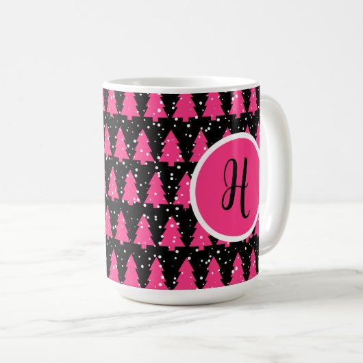 Modern Fuchsia & Black Christmas Tree Monogram Cof Kaffeetasse (VorderseiteRechts)