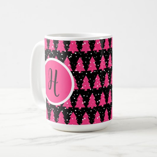 Modern Fuchsia & Black Christmas Tree Monogram Cof Kaffeetasse (Vorderseite Links)