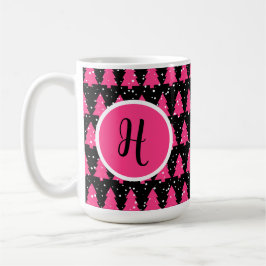 Modern Fuchsia & Black Christmas Tree Monogram Cof Kaffeetasse