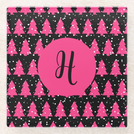Modern Fuchsia & Black Christmas Tree Monogram Gla Glasuntersetzer (Vorderseite)