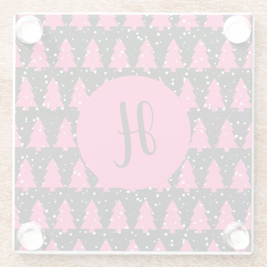 Modern Fuchsia & Black Christmas Tree Monogram Gla Glasuntersetzer (Rückseite)