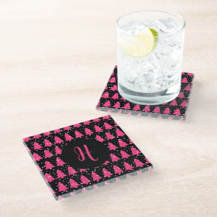 Modern Fuchsia & Black Christmas Tree Monogram Gla Glasuntersetzer
