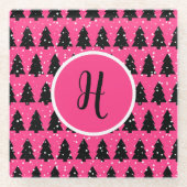 Modern Fuchsia & Black Christmas Tree Monogram Glasuntersetzer (Vorderseite)