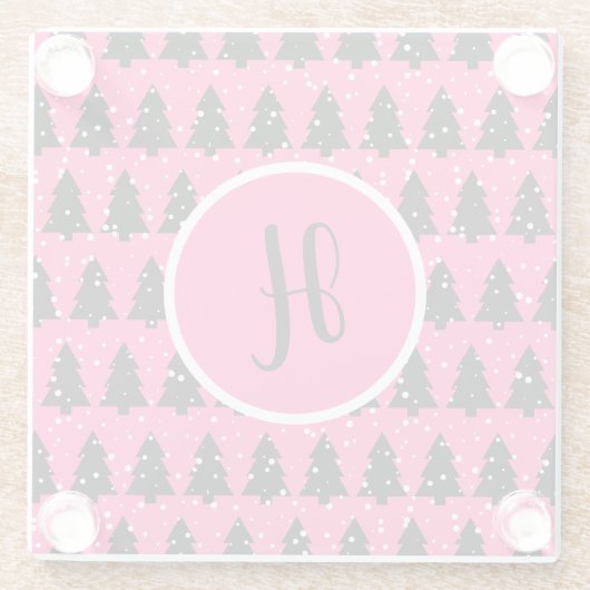 Modern Fuchsia & Black Christmas Tree Monogram Glasuntersetzer (Rückseite)