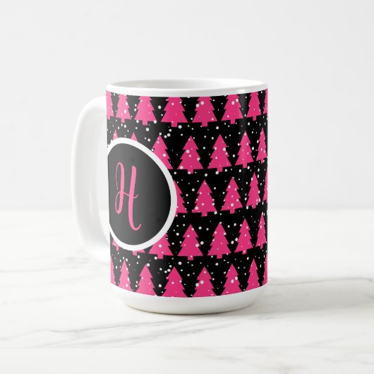 Modern Fuchsia & Black Christmas Tree Monogram Kaffeetasse (Vorderseite Links)