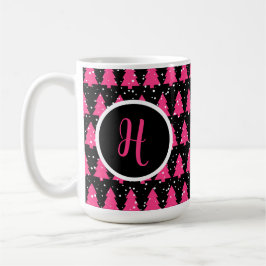Modern Fuchsia & Black Christmas Tree Monogram Kaffeetasse