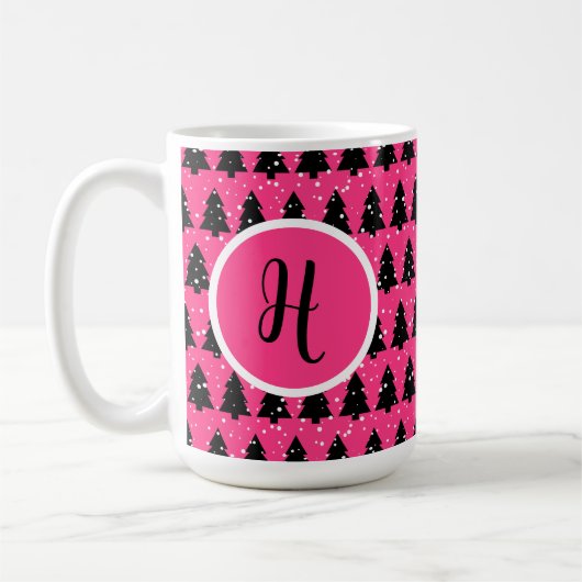 Modern Fuchsia & Black Christmas Tree Monogram Kaffeetasse (Links)