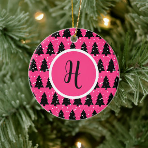 Modern Fuchsia & Black Christmas Tree Monogram Keramik Ornament