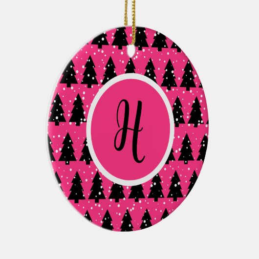 Modern Fuchsia & Black Christmas Tree Monogram Keramik Ornament (Rechts)