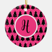 Modern Fuchsia & Black Christmas Tree Monogram Keramik Ornament (Vorne)