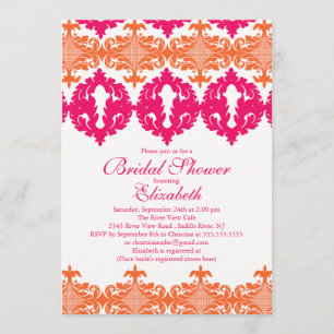 Modern Fuchsia & Orange Damask Brautparty Einladung