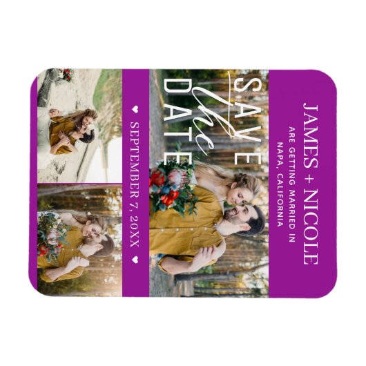 Modern Fuchsia Save the Date Hochzeit 3 Fotos Magnet (Horizontal)