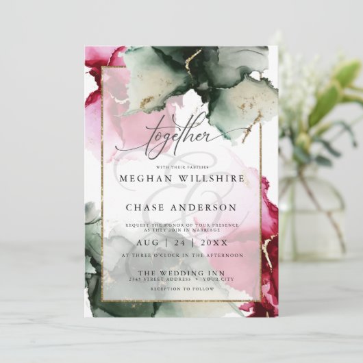 Modern Fuchsia und Sage Green Water Farbe Einladung (Stehend Vorderseite)