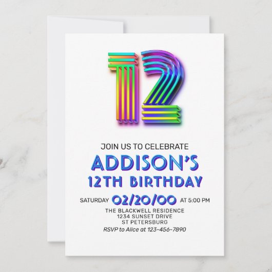 Modern Fun 12. Geburtstag Einladung (Vorderseite)