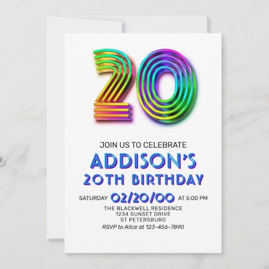 Modern Fun 20. Geburtstag Einladung (Vorderseite)