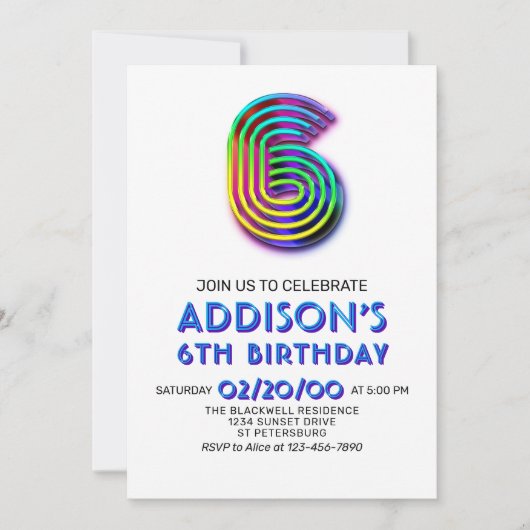 Modern Fun 6. Geburtstag Einladung (Vorderseite)