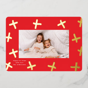 Modern Fun Border Gold & Red Christmas Crosses Folien Feiertagskarte