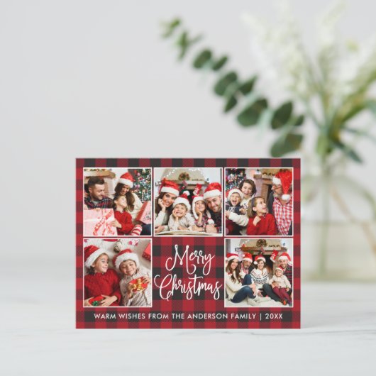Modern Fun Calligrafy Red Kariert 5 Foto Weihnacht Postkarte (Stehend Vorderseite)