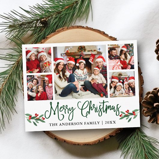 Modern Fun Calligraphy Christmas Holly 5 Foto Postkarte