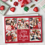 Modern Fun Calligraphy Red 5 Foto Weihnachten<br><div class="desc">Modern Fun Calligraphy Script Frohe Weihnachten 5 Foto Collage Holiday Card - Red Background</div>