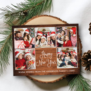 Modern Fun Calligraphy Wood 5 Foto Neues Jahr Postkarte