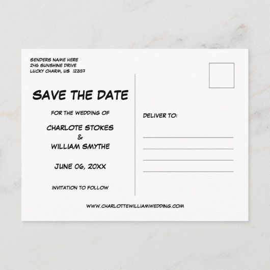 Modern Fun Comic Buchen Sie BOOM Save the Date Postkarte (Rückseite)