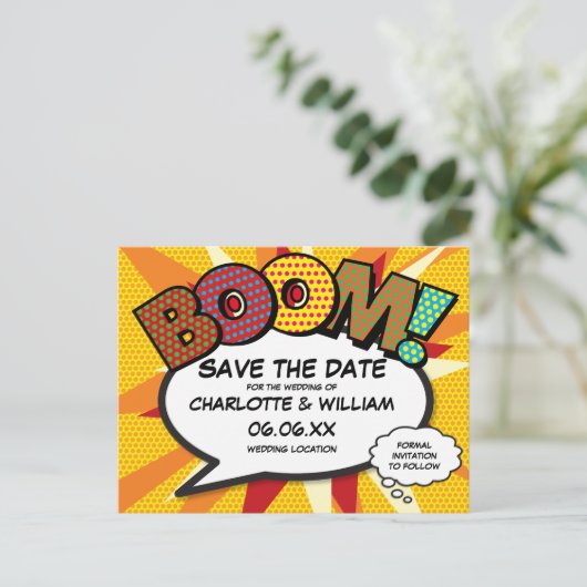 Modern Fun Comic Buchen Sie BOOM Save the Date Postkarte (Stehend Vorderseite)
