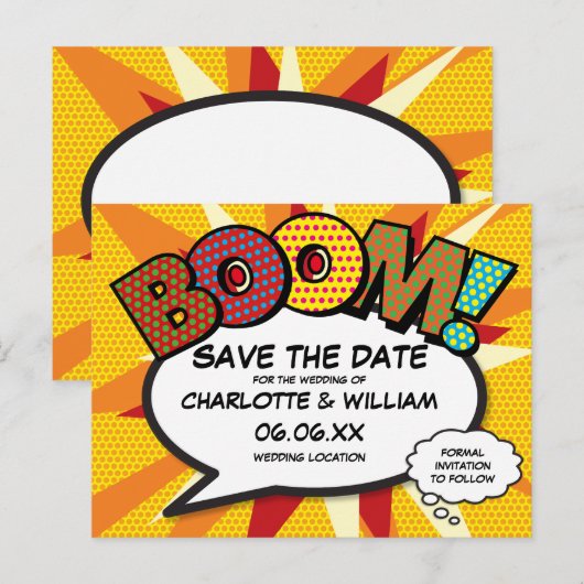 Modern Fun Comic Buchen Sie BOOM Save the Date Postkarte (Vorne/Hinten)