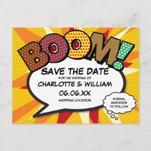 Modern Fun Comic Buchen Sie BOOM Save the Date Postkarte