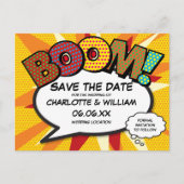 Modern Fun Comic Buchen Sie BOOM Save the Date Postkarte (Vorderseite)