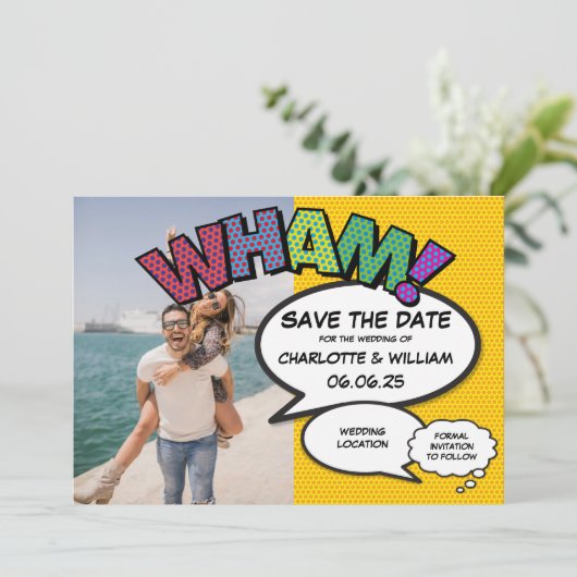 Modern Fun Comic Buchen Sie Foto Save the Date Kar (Stehend Vorderseite)