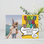 Modern Fun Comic Buchen Sie Foto Save the Date Kar (Stehend Vorderseite)
