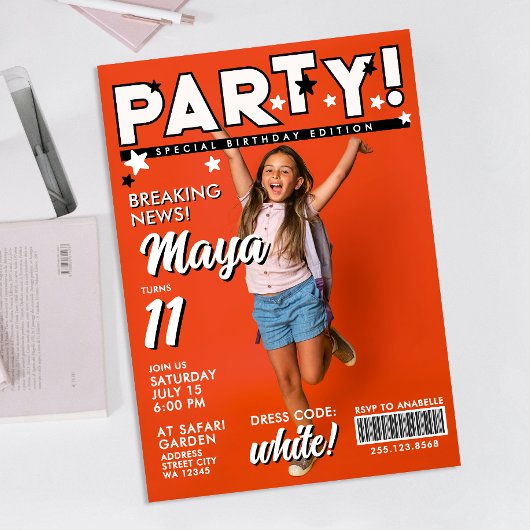 Modern Fun Cool White Black 11th Bday Tabloid News Einladung