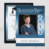 Modern Fun Graduation Party Custom Foto Blue Einladung (Vorne/Hinten)