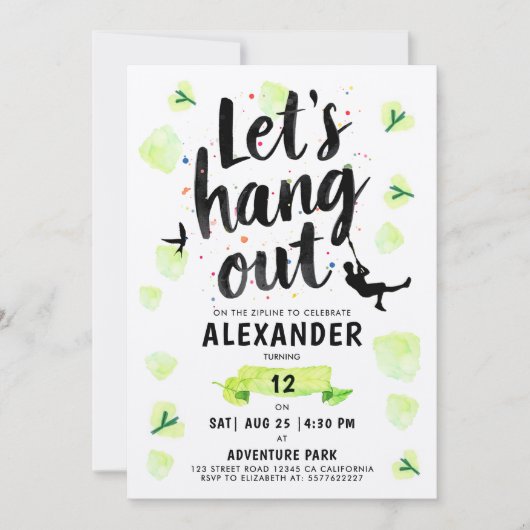 Modern Fun Green Zipline Adventure Brush Script Einladung (Vorderseite)