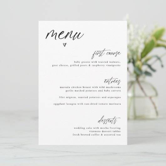 Modern Fun Handwriting Heart Simple Wedding Menu Menükarte (Stehend Vorderseite)