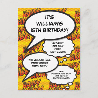 Modern Fun Happy Birthday Party Comic Book Einladungspostkarte