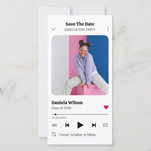 Modern Fun Music Player Foto Abschluss Save The Date (Vorderseite)